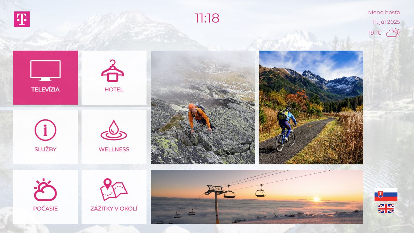 Digitálna obrazovka Business Stream s menu televízie, hotelových služieb, wellness a tipov na zážitky v okolí.