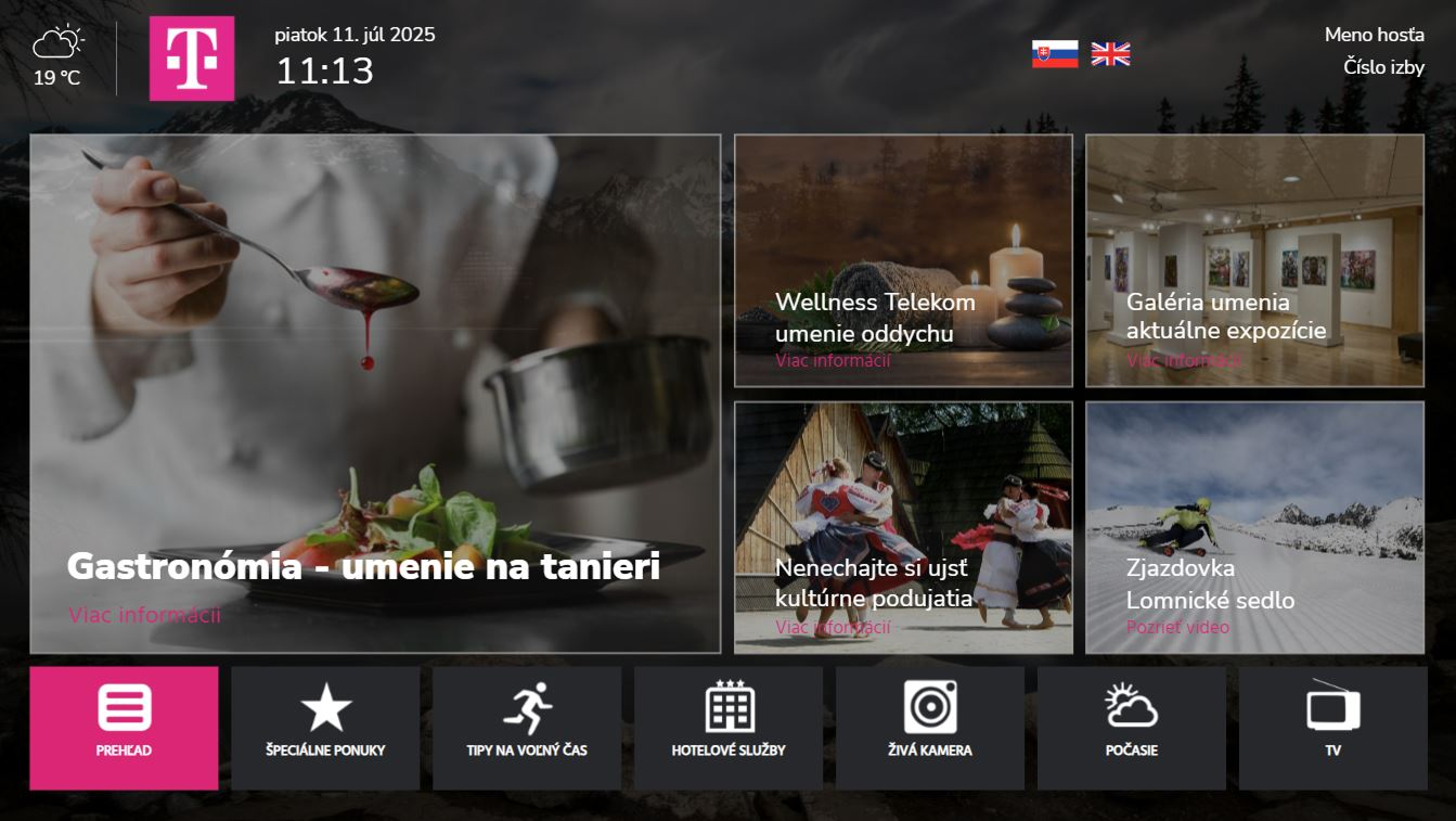 Digitálna obrazovka Business Stream s ponukou hotelových služieb – gastronómia, wellness, kultúra a lyžovanie.