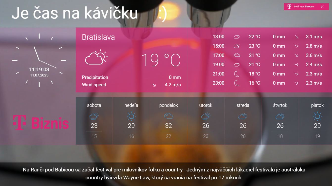 Digitálna obrazovka Business Stream s aktuálnym počasím v Bratislave a informáciou o kávovej prestávke.