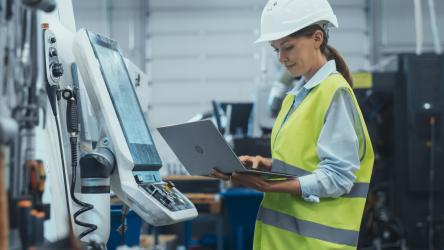 Vizualizácia praktického využitia Campus Networks vo výrobe a priemysle – pracovníčka v ochrannom odeve pracuje na ovládacom paneli vo výrobe.