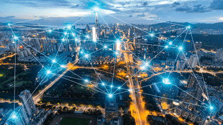 Mestská infraštruktúra so sieťou prepojených digitálnych bodov a dát – vizuál služby IoT Platforma od Telekomu.