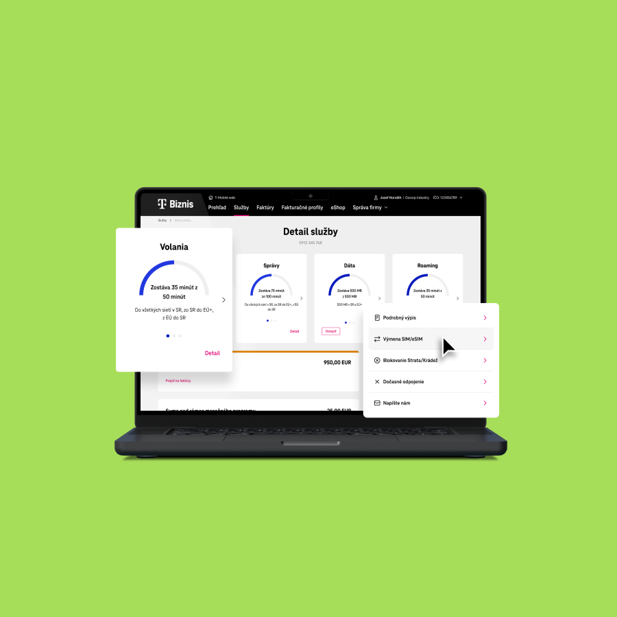 Notebook s otvoreným portálom Moja Firma – ukážka funkcionalít zákazníckeho portálu pre firmy.