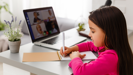 Školáčka počas online hodiny píše do zošita, na notebooku beží video hovor – zobrazuje bezproblémové online vzdelávanie cez cloud.