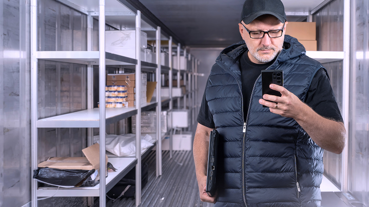 Muž so smartfónom kontroluje sklad potravín. Zobrazuje využitie IoT senzorov na monitoring teploty.