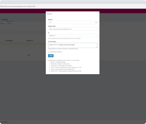IoT Platforma - Obrazovka aplikacie zobrazujúca nastavenie integrácie s existujúcimi systémami.