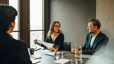 Obchodné rokovanie v zasadacej miestnosti – vizuál služby Telekom SMS & RCS Messaging.