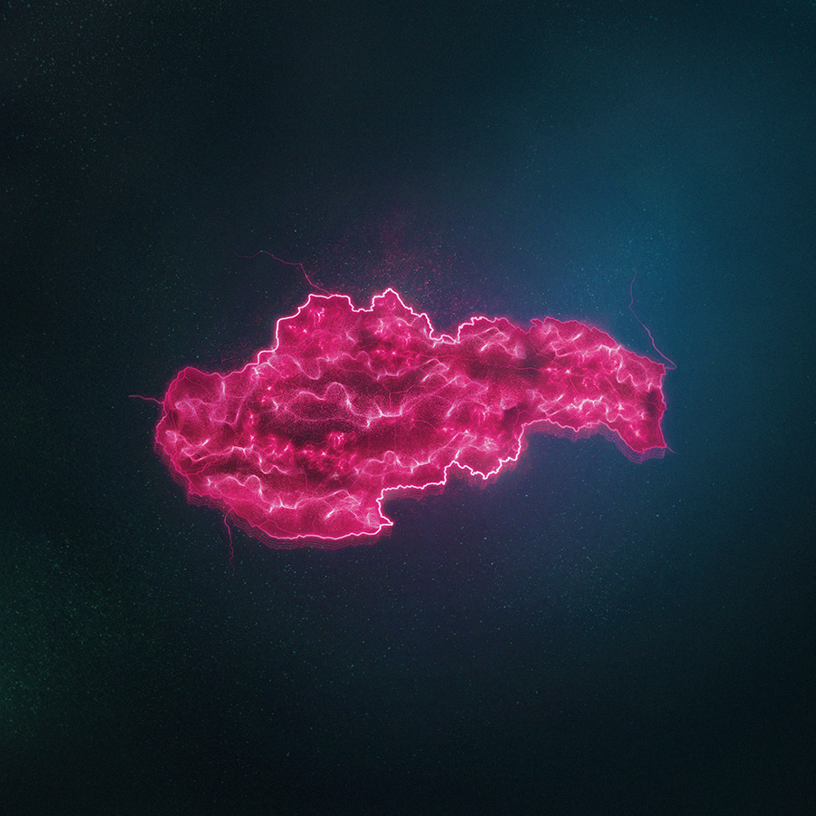 Mapa Slovenska v žiarivej ružovej energii – vizuál špičkovej mobilnej siete Telekom.